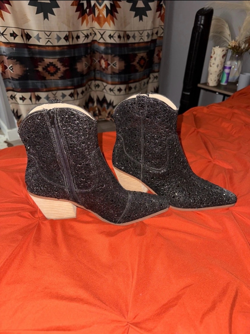 Betsey Johnson Black Glitter Western Ankle Boots